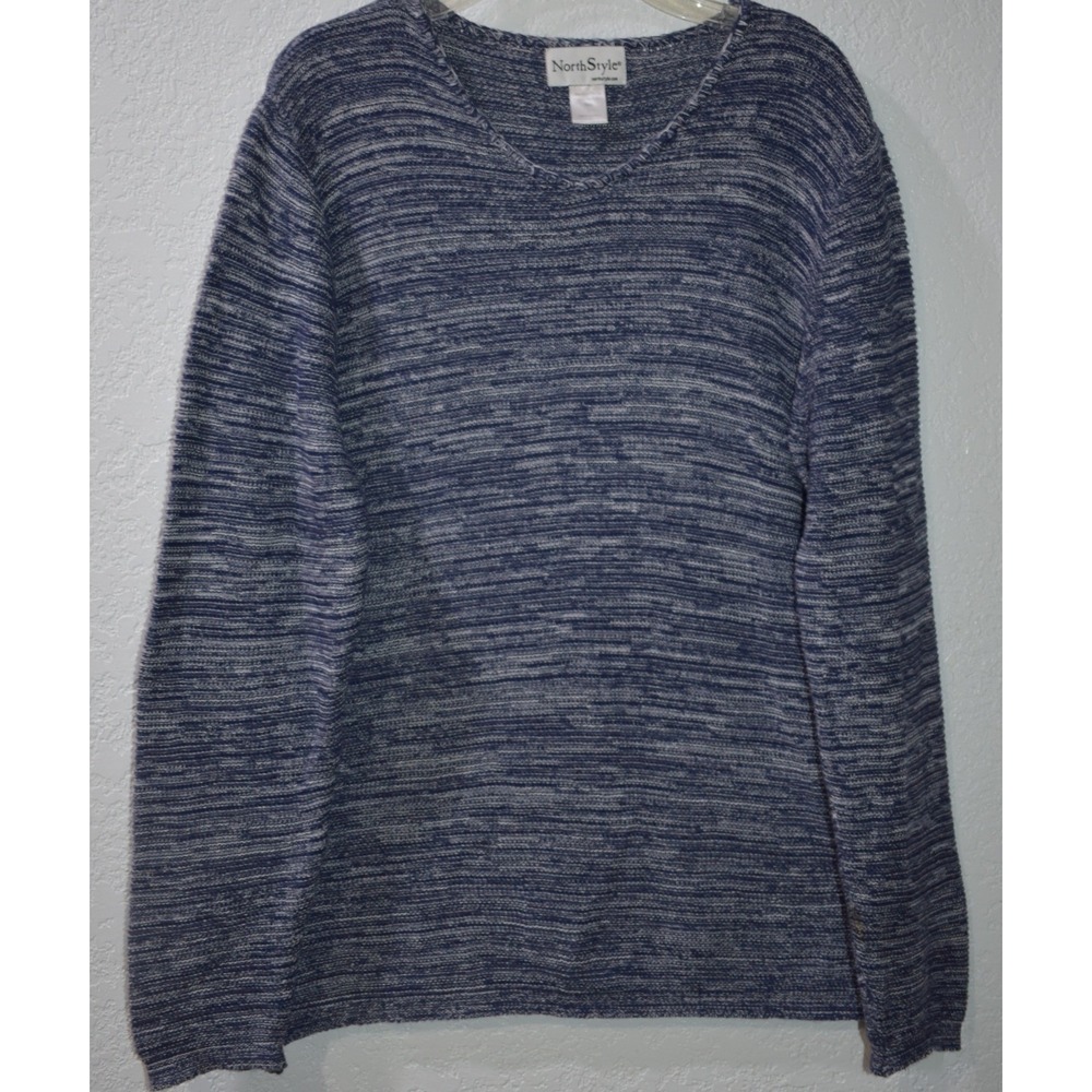 NorthStyle LARGE V-Neck Cotton Knit Sweater Space Dye Blue Pullover Long Sleeve